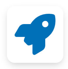 blue rocketship icon on a white rectangle