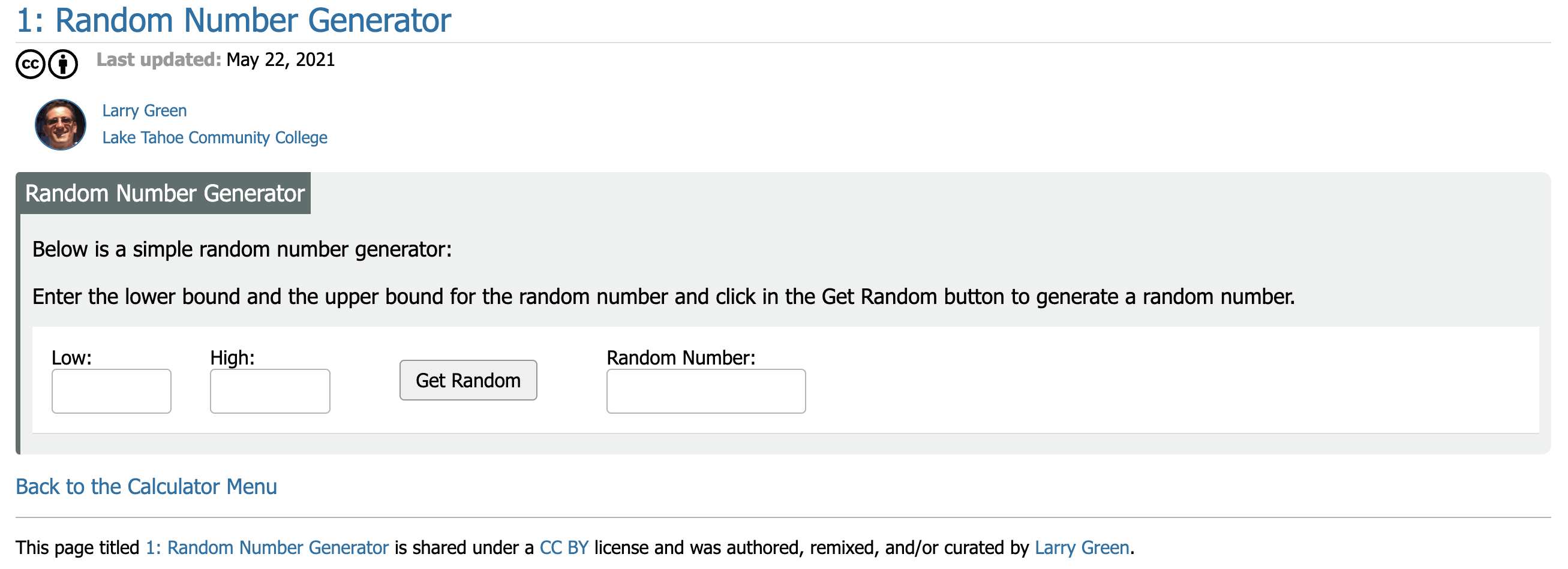 Screenshot on an online random number generator 